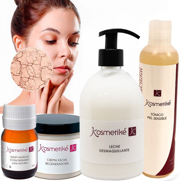 Kosmetiké Gesichtsbehandlung für trockene Haut: Reinigungsmilch + Toner + Anti-Aging-Serum + Regenerierende Creme